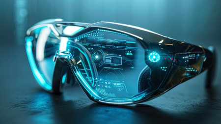 Innovative smart glasses and technological elements stylized in the Mijorni form adding a futurist.の素材