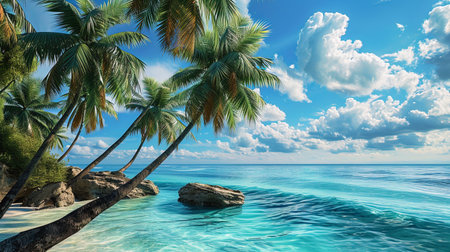 An exotic corner with palm trees shaking in a breeze at the foot of turquoise water.の素材