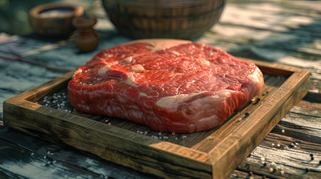 Juicy raw steak on the Rustikan wooden tray, emphasizing its freshness and primacy.の素材