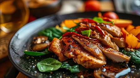 Kinoa with mushrooms, spinach and slices of fried chicken meat, served in a stylish black plate.の素材