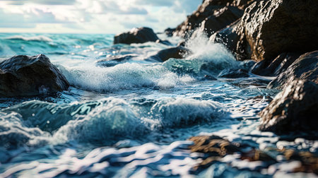 Water elements, in the form of high waves, meet their naturalistic rival the rocks of the coastal.の素材