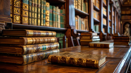 Exciting views on the rich wooden regiments of the library, laid down by rare and precious publica.の素材