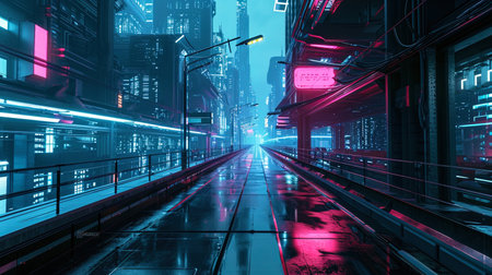 Futuristic city landscape with incredible technological structures lit by neon lights.の素材