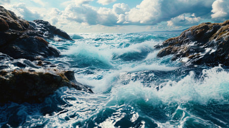 Water whirlwinds and jets caused by the meeting of the ocean with rocks create an exciting coastal.の素材