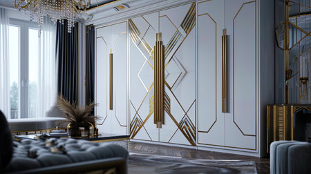 Image of a wardrobe in the style of art deco with elements of gold finish and geometric patterns.の素材