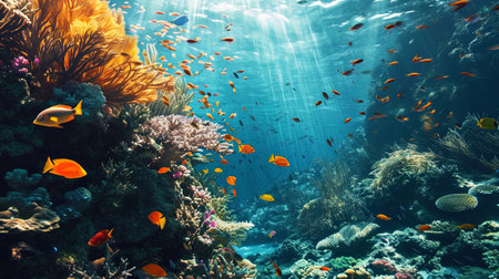 Hypnotizing underwater landscape with cauld reefs and crowds of bright fish.の素材