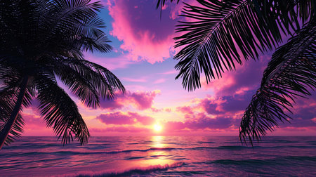 Palm trees framed by purple and pink shades of sunset create an incredible sight.の素材