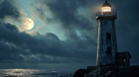 The lighthouse, illuminated by moonlight on a gray night, recalls the ancient navigation history.の素材