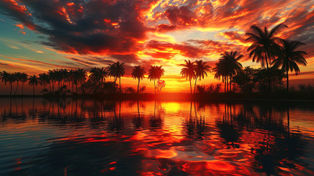 Supply reflections on the water surface, where palm trees create contrast with fiery celestial lig.の素材