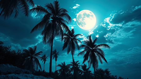 Palm trees decorated with the soft light of the moon create a romantic atmosphere.の素材