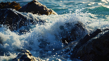Sea rage is in full swing: water soaring up when hitting a rock hit a dynamic and exciting image.の素材