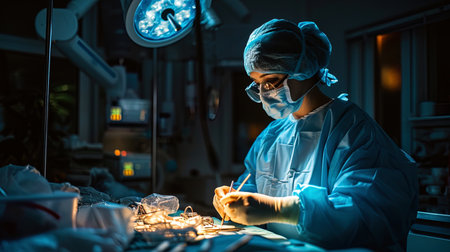 Photo of a doctor during a surgical procedure professionally controlling tools.の素材