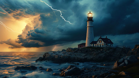 Photo of the lighthouse during a thunderstorm, when lightning highlights its structure, creating a.の素材
