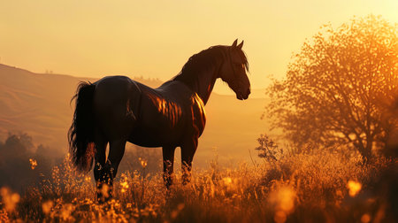 The majestic horse, standing at sunset, surrounded by a golden light, expresses its grace and stre.の素材