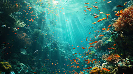 Underwater camouflage made of bright carats framed by a dense fish population.の素材