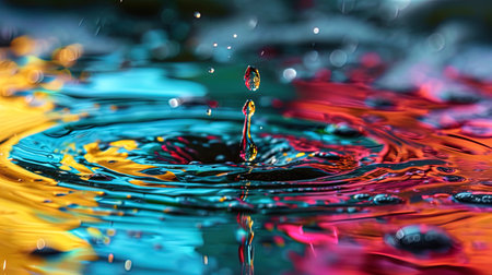 The abstract composition of water drops, creating a spectacular fountain and multi colored reflect.の素材