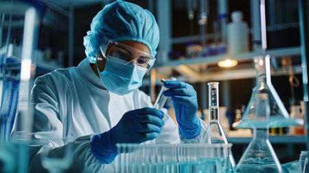 Photo of the doctor in the mask and gloves conducting the test procedure for analyses.の素材