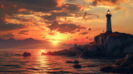 The lighthouse, which is distinguished against the background of the orangepink sunset, creates a.の素材