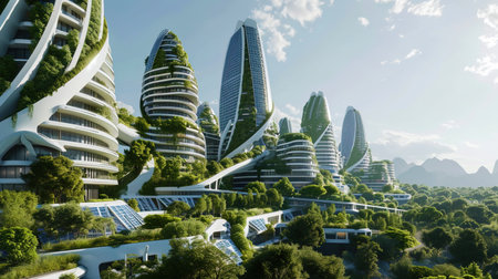 The ecological city of the future with vertical farms and solar panels on each building.の素材