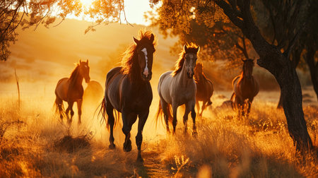 The golden sunset that illuminates a group of running horses creates an inspiring picture of energ.の素材
