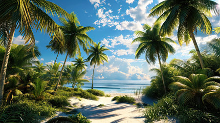 Palms spread out into creative forms create a unique and fantastic tropical landscape.の素材