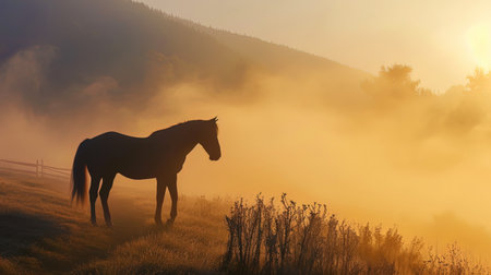 The bewitching scene: a horse, slowly walking along the morning fog, creates a picture of incredib.の素材