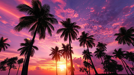 Palms surrounded by purple shades of sunset create a warm and romantic atmosphere.の素材
