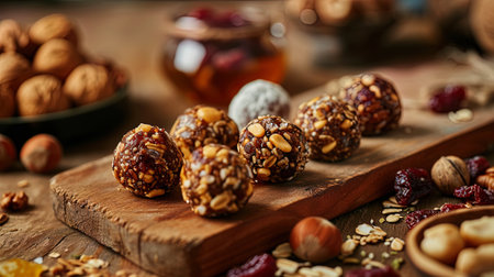 Sweet and nutritious energy balls with nuts, honey and dried fruits presented on a wooden board.の素材