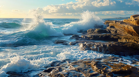 The riot of the ocean brings a spectacle when the waves break on solid cliffs, creating water casc.の素材