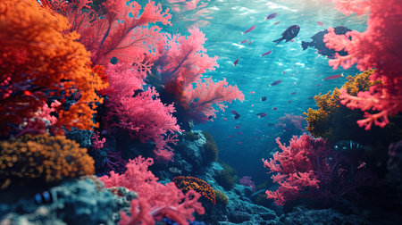 Swimming among corals in shades of pink and orange, defeningly beautiful under water.の素材
