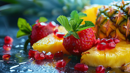 The composition of fresh fruits, including ripe strawberries, pieces of pineapple and pomegranate.の素材