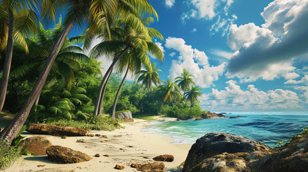 The scene of tropical relaxation, where palm trees protect a secluded beach from prying eyes.の素材