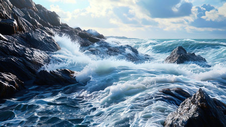 Unwavering rocks washed by noisy waves create a landscape with mysterious and strong energy.の素材