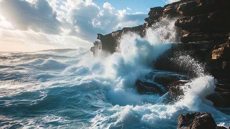 The photo captures the moment when the waves collapse on high cliffs, creating amazing water funne.の素材