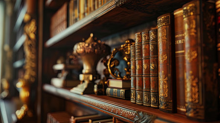 Shelves with books in bindings made of brown leather, decorated with golden handles, create an atm.の素材