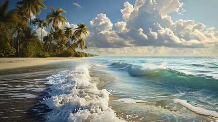 Palmas, inclined to the shore, meet soft waves with white crests.の素材