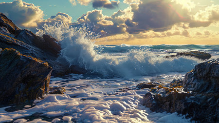 The exciting scene of the ocean drilling, when the waves explode about the rocks, leaving the foam.の素材