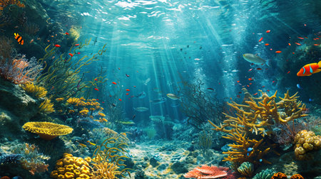Underwater ecosystem corner with harmoniously located colorful caravells.の素材