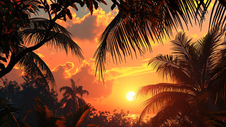 The tropical sunset in which the branches of palm trees framed the soft orange light of the sun.の素材