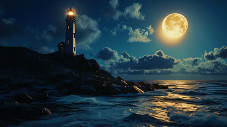 The lighthouse in the light of the full moon, when its light merges with a soft glow of the night.の素材