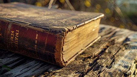 The imprint of an old book with worn edges and patterns, creating an atmosphere of literary vintage.の素材