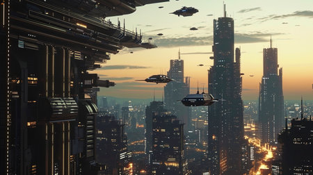 The space port of the city, where flying vehicles merge with endless heaven.の素材
