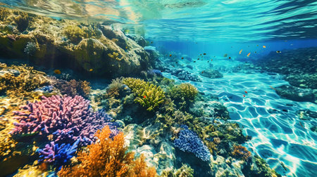 The crystal waters of the ocean that reveal the beauty of picturesque coral reefs.の素材