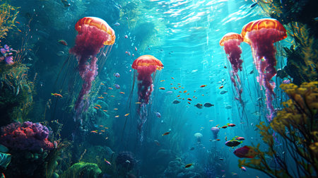 The underwater cauldron garden, along which jellyfish and playful fish float.の素材