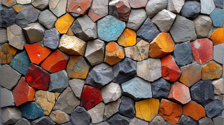 A concrete wall with mosaic elements, as if collected from stone parts of different shapes and siz.の素材