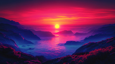 A sunset gradient, from light yellow to deep purple, creates the impression of a mysterious sympho.の素材
