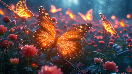 Luminous butterflies around the etheric mountains create the impression of the magical world of fa.の素材