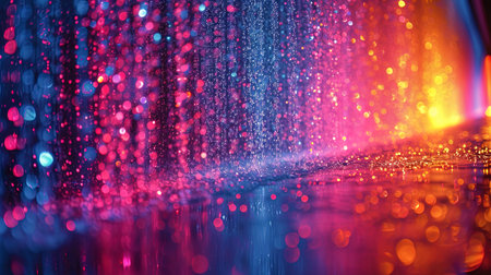 Neon background, where luminous colored drops give the impression of visual rain of light.の素材