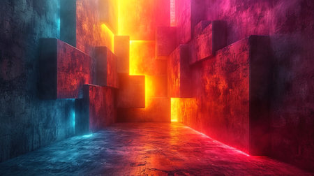 Neon background with contour images of geometric shapes that create the impression of a three dime.の素材