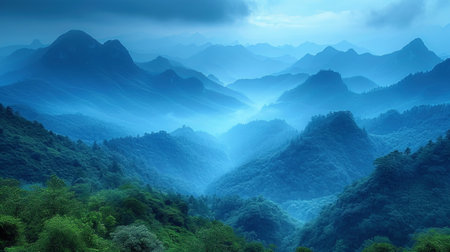 Blue shadows on the ethereal mountains in create the impression of coolness and mystery in this se.の素材